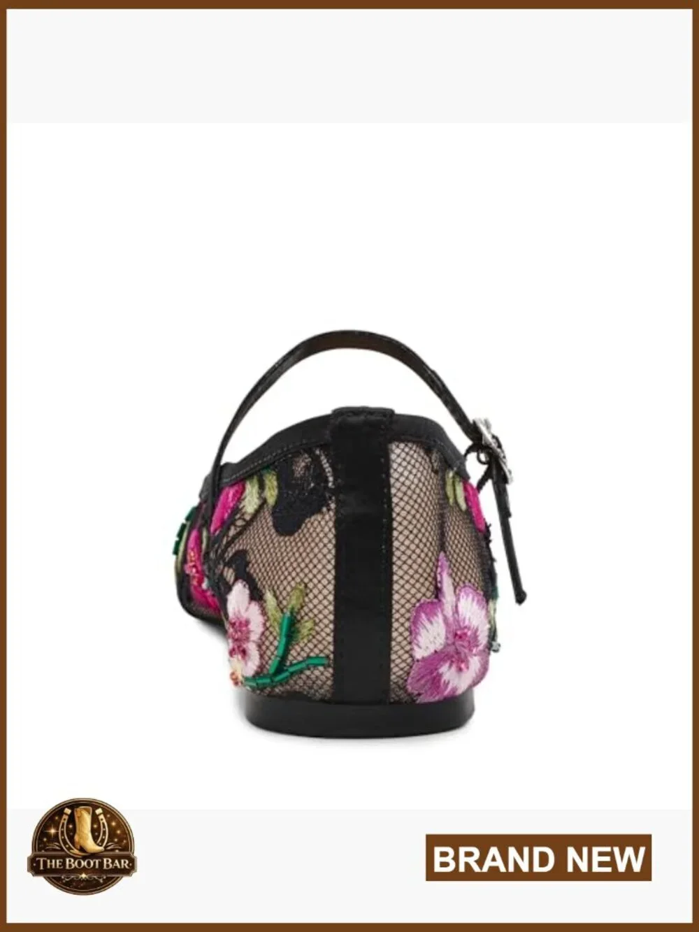 Floral Embroidered Ballet Flat with Ankle Strap and Buckle Closure